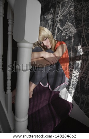 Full length of sad teenage girl hugging knees on steps at home