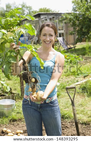 Portrait of smiling woman harvesting organic potatoes in community garden