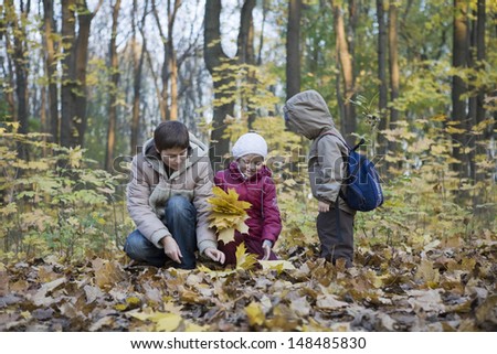 Mother and little kids collecting autumnal leaves in park
