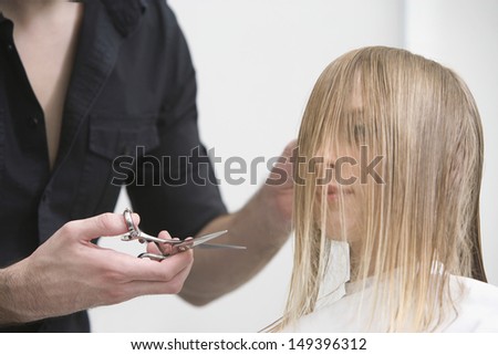 Young hairdresser cutting female client\'s hair at beauty parlor