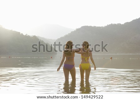 Rear view of two young women in bikinis with arms around standing in the lake