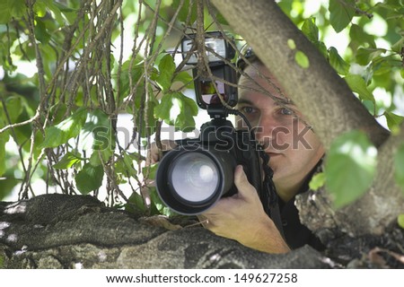 Closeup of a paparazzi photographer hiding behind tree
