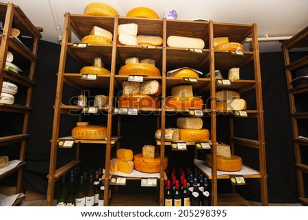Variety of cheese in shelves at store
