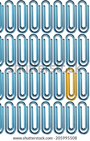 Yellow paper clip standing out from the crowd of blue paper clips over white background