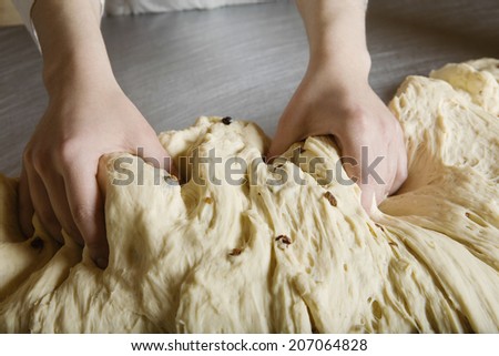 Closeup of baker\'s hands kneading bread dough in bakery