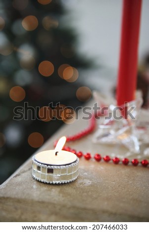 Closeup of lit tealight candles during Christmas