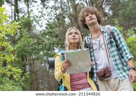 Low angle view of hiking couple with map in forest