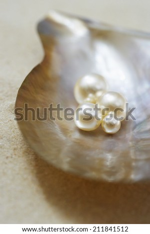 Four pearls in open oyster shell on beach close up elevated view