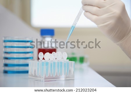 Closeup of a scientist\'s gloved hand filling test tubes with pipette in laboratory