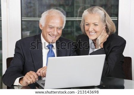 Happy senior business couple looking at laptop white sitting at table