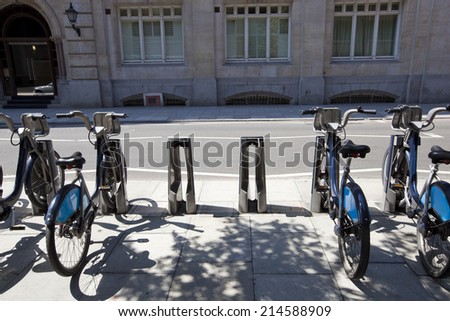 Public Rental Bicycles in a Line, London, UK