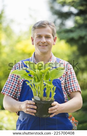 Portrait of happy gardener holding potted plant at nursery