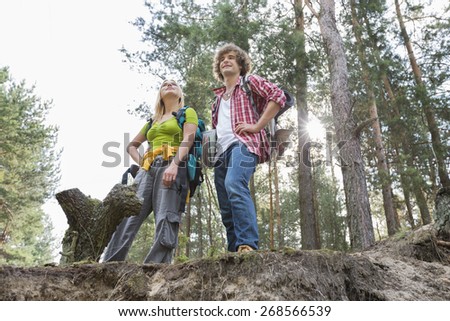 Low angle view of hiking couple standing on cliff in forest