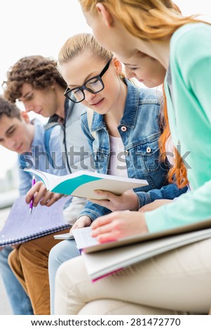 University female student with friends studying together in park