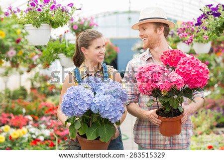Happy gardeners looking at each other while holding flower pots at greenhouse