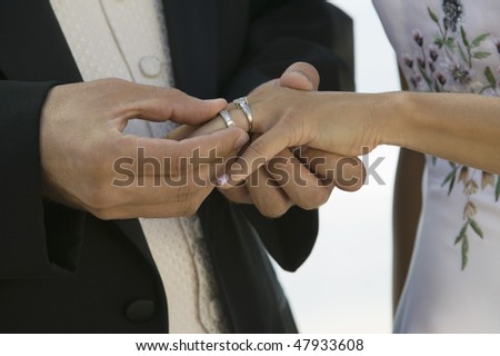 Groom Putting Ring on Bride\'s Finger