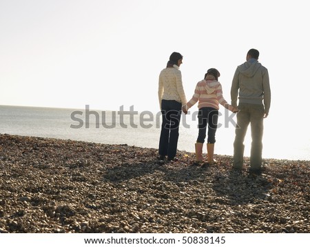 Family of three holding hands, standing on beach, back view