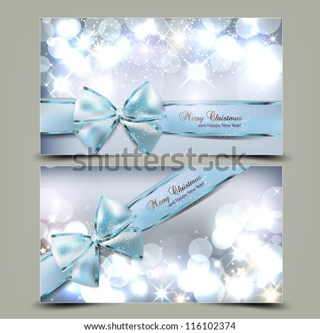 Elegant Christmas greeting cards with blue bows and place for text Vector Illustration Elegant Christmas greeting cards with blue bows and place for text Vector Illustration