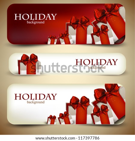 Holiday Banners With Beautiful Gifts. Vector Illustration