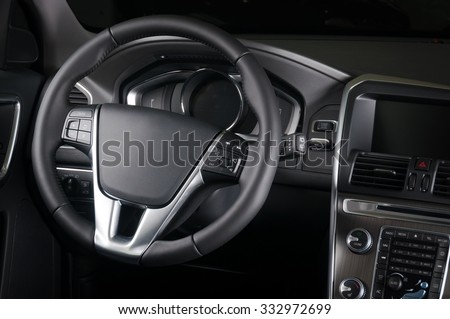 Modern car interior, steering wheel