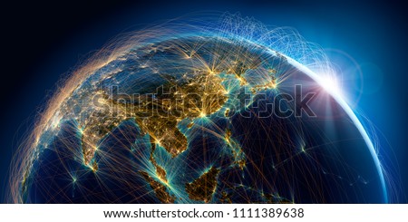 Planet Earth with detailed relief is covered with a complex luminous network of air routes based on real data. Asian countries. 3D rendering. Elements of this image furnished by NASA