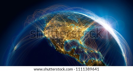 Planet Earth with detailed relief is covered with a complex luminous network of air routes based on real data. North America. 3D rendering. Elements of this image furnished by NASA