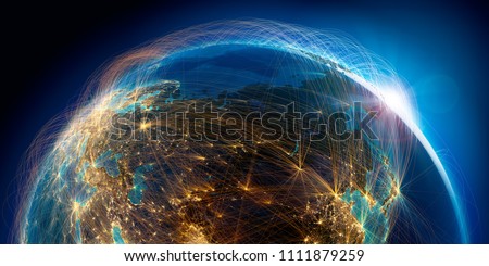 Planet Earth with detailed relief is covered with a complex luminous network of air routes based on real data. Russia. 3D rendering. Elements of this image furnished by NASA