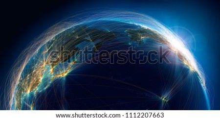 Planet Earth with detailed relief is covered with a complex luminous network of air routes based on real data. Pacific Ocean. 3D rendering. Elements of this image furnished by NASA