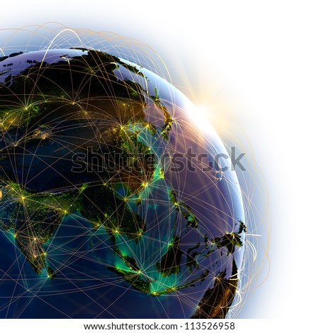 Highly detailed planet Earth, lit by the rising sun. Earth is surrounded by a luminous network, representing the major air routes based on real data. Elements of this image furnished by NASA
