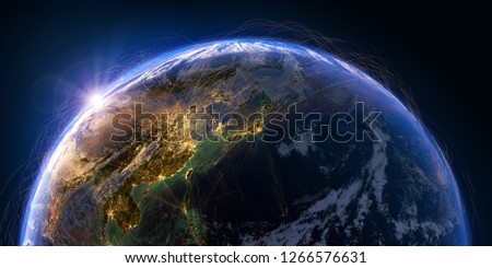 Planet Earth with detailed relief and atmosphere is covered with a network of air routes based on real data. Pacific Ocean. Japan, China. 3D rendering. Elements of this image furnished by NASA