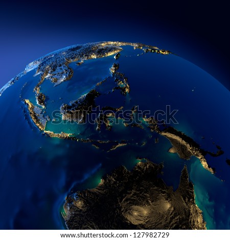 Earth at night, illuminated by the moonlight. Highly detailed terrain and translucent surface ocean illuminated by the light of cities. Australia, Indonesia. Elements of this image furnished by NASA