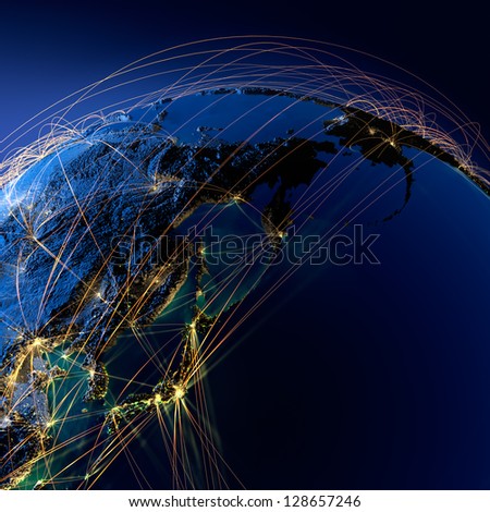 Detailed planet Earth at night with embossed continents. Earth is surrounded by a luminous network, representing the major air routes based on real data. Elements of this image furnished by NASA