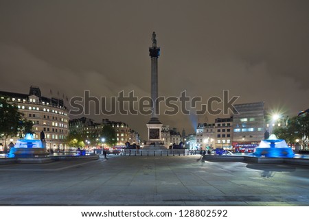 Trafalgar Square is a public space and tourist attraction in central London. Cityscape shot at night with a tripod and tilt-shift lens maintaining verticals