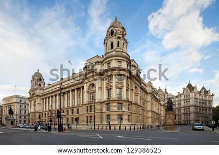 Old War Office Building, seen from Whitehall - the former location of the War Office, London, UK. Cityscape shot with tilt-shift lens maintaining verticals