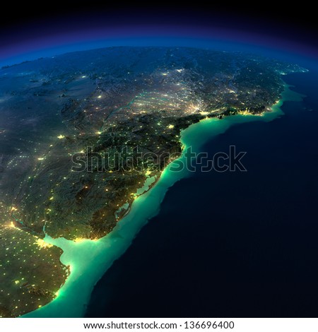 Highly detailed Earth, illuminated by moonlight. The glow of cities sheds light on the terrain. A piece of South America - Argentina, Uruguay and Brazil. Elements of this image furnished by NASA