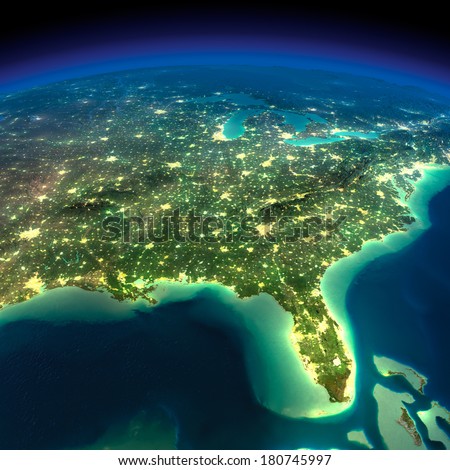 Highly detailed Earth, illuminated by moonlight. The glow of cities sheds light on the detailed exaggerated terrain. Night Earth. Gulf of Mexico and Florida. Elements of this image furnished by NASA