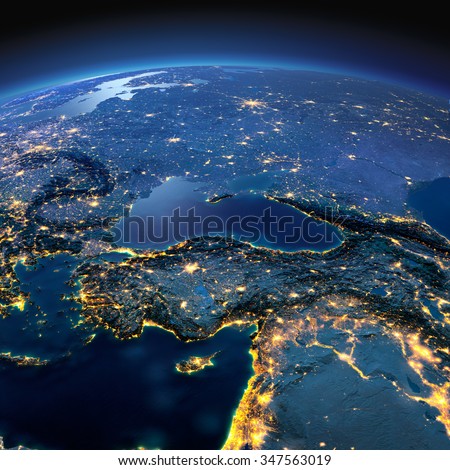Night planet Earth with precise detailed relief and city lights illuminated by moonlight. Turkey and Middle East countries. Elements of this image furnished by NASA