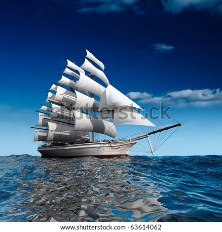 Sailing ship in the vast ocean with small waves is getting all the sails filled with sea breeze Sailing ship in the vast ocean with small waves is getting all the sails filled with sea breeze