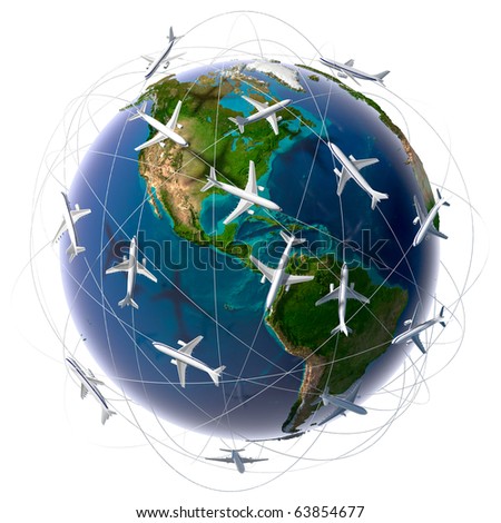 The metaphor of international air travel around the world, travel to anywhere on the planet Earth and the workload of air traffic