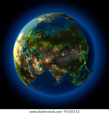 Highly detailed planet Earth at night, lit from behind the evening sun, with embossed continents, illuminated by light of cities, translucent and reflective ocean