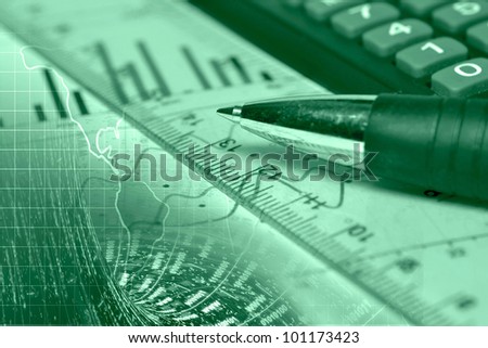Business background with graph, ruler, pen and calculator, in greens.