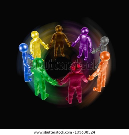 Round dance of color men on the black background.