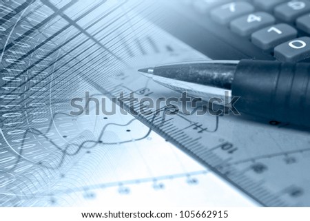 Business background in blues with graph, ruler and pen.