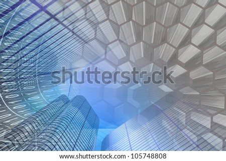 Abstract computer background with buildings, cells and digits.