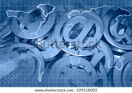 Abstract computer background in blues with buildings and mail signs.