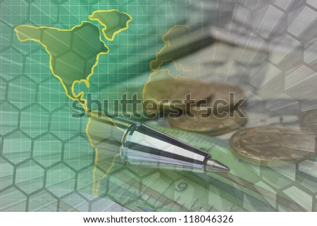 Business background with graph, ruler, pen, map and calculator.