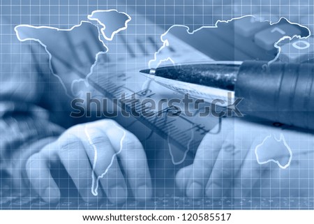 Business background in blues with hands, map and pen.