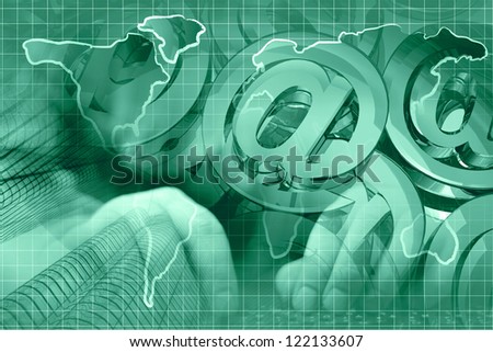 Business background with hands, buildings and mail signs, in greens.
