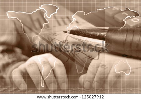 Business background with hands, map and pen, in sepia.