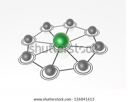 Green and grey spheres on white reflective background.